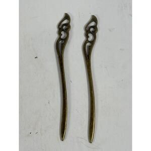 Vintage Brass Hair Sticks Pair Ornate Scroll Cutout Bun Pins Hairsticks